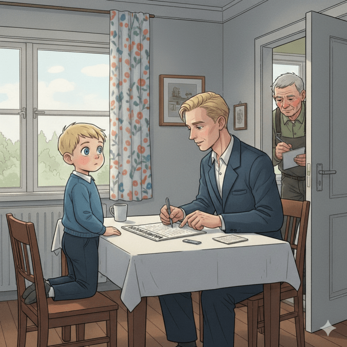 Isä ja poika tekemässä veikkauskuponkia